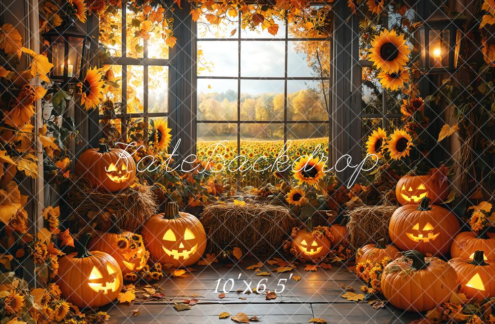 Kate Halloween Sunflowers Pumpkin Window Backdrop Designed by Emetselch