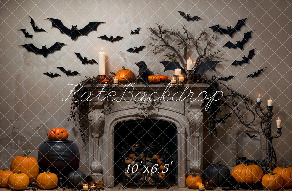 Kate Halloween Bat Gray Retro Fireplace Backdrop Designed by Emetselch