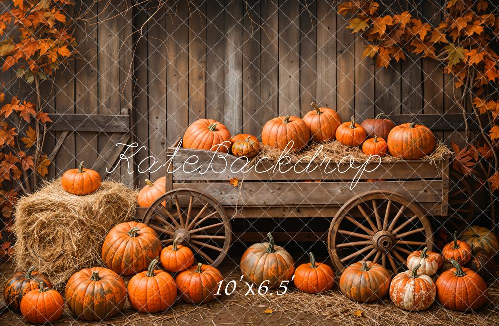 Fall Barn Door Pumpkin Cart Maple Leaves Backdrop Designed by Emetselch