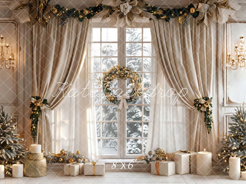 Fondo de ventana con cortina beige de Navidad y marco blanco diseñado por Emetselch