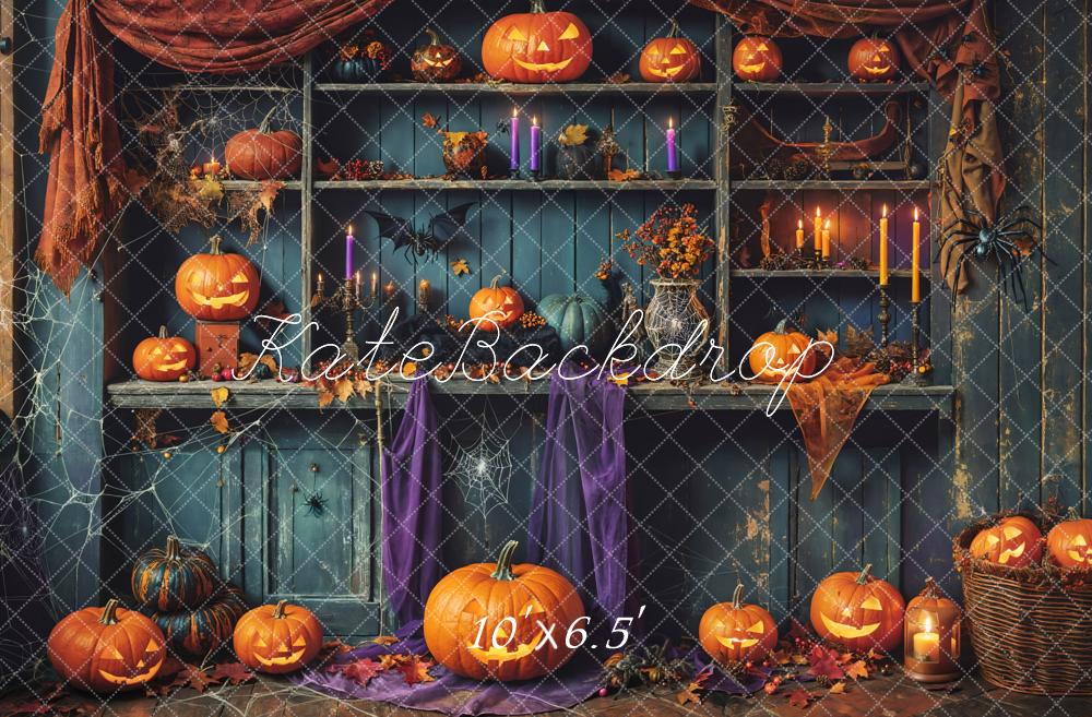 Fondo de tienda de calabaza de madera verde desgastada para Halloween Designed by Emetselch