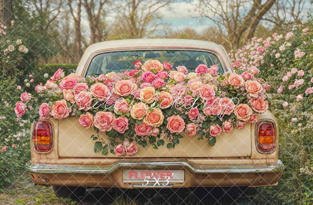 Kate Valentine Vintage Car Pink Roses Backdrop Designed by Emetselch