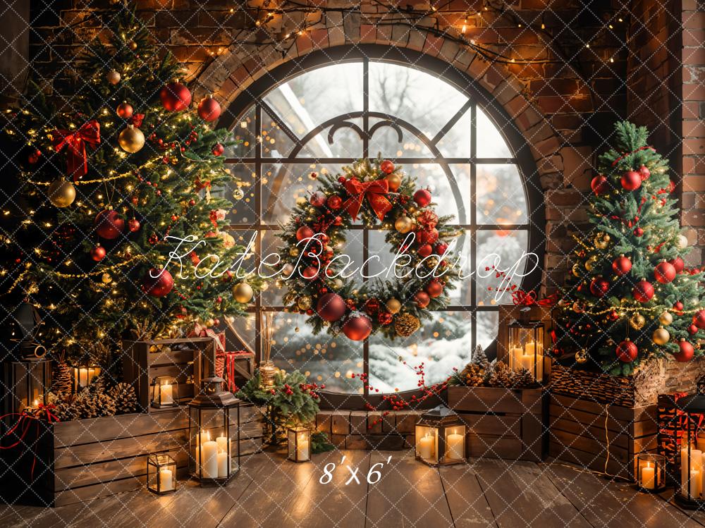 Kate Winter Christmas Indoor Circular Window Brick Wall Backdrop Designed by Emetselch