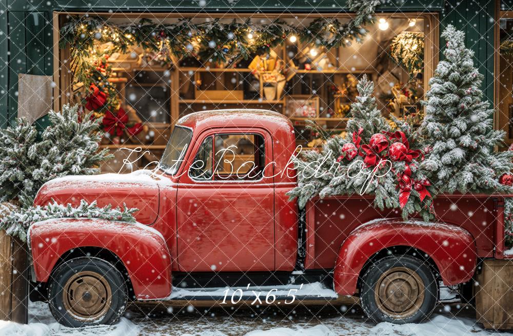 Kate Christmas Storefront Red Truck Snowy Backdrop Designed by Emetselch