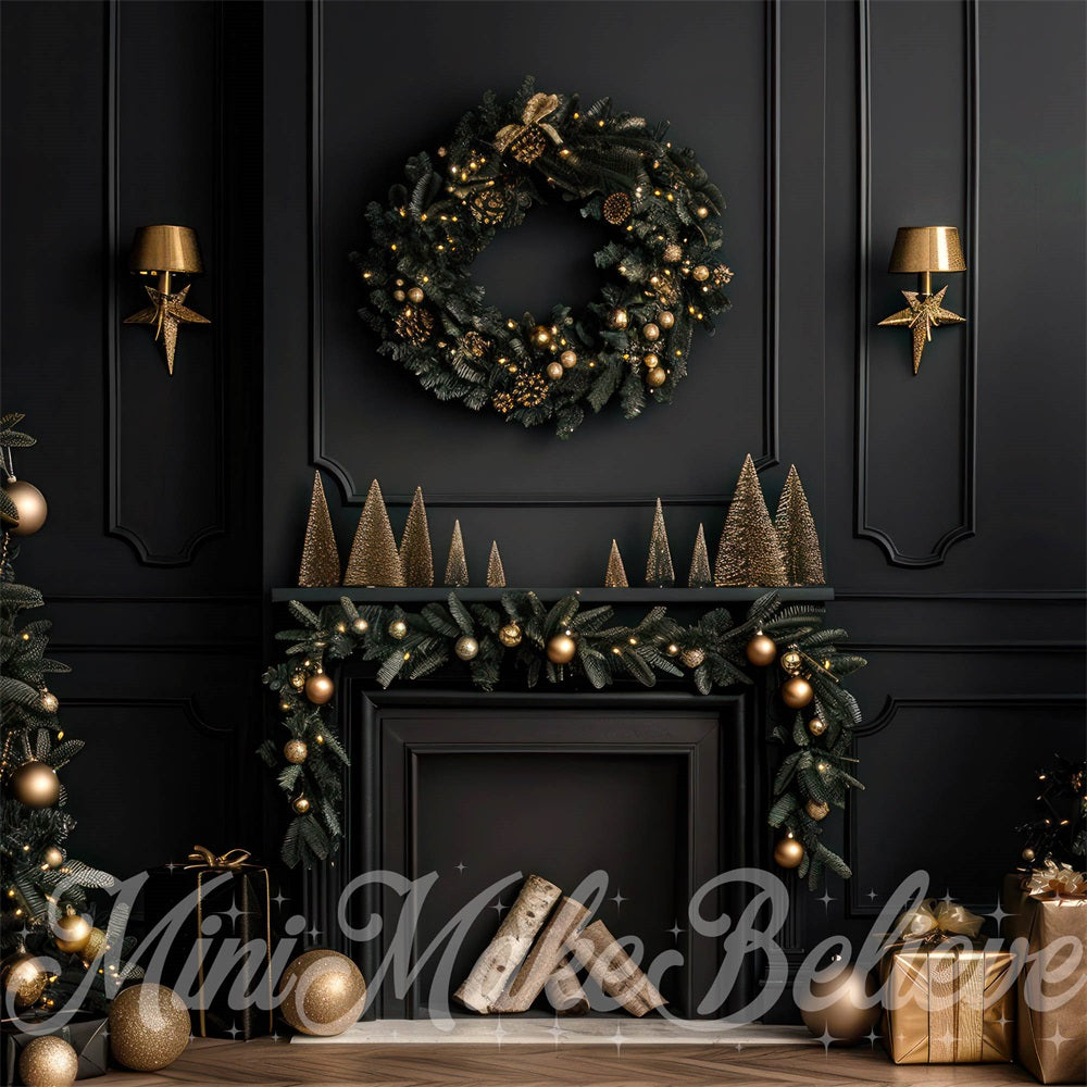 Kate Christmas Indoor Black Modern Fireplace Backdrop Designed by Mini MakeBelieve