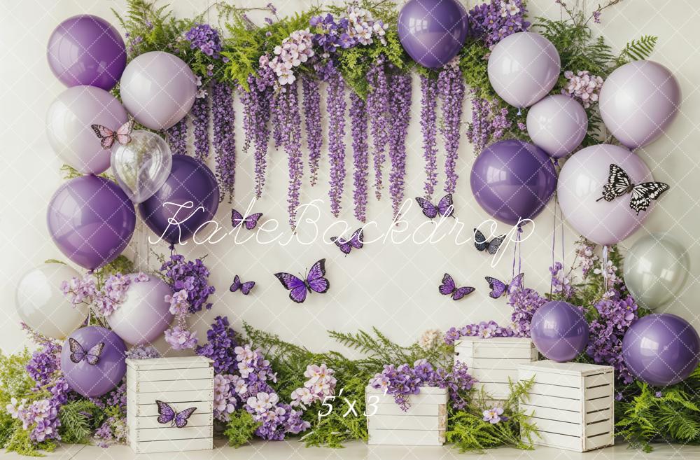 Kate Cake Smash Purple Balloon Floral Butterflies Backdrop Designed by Emetselch