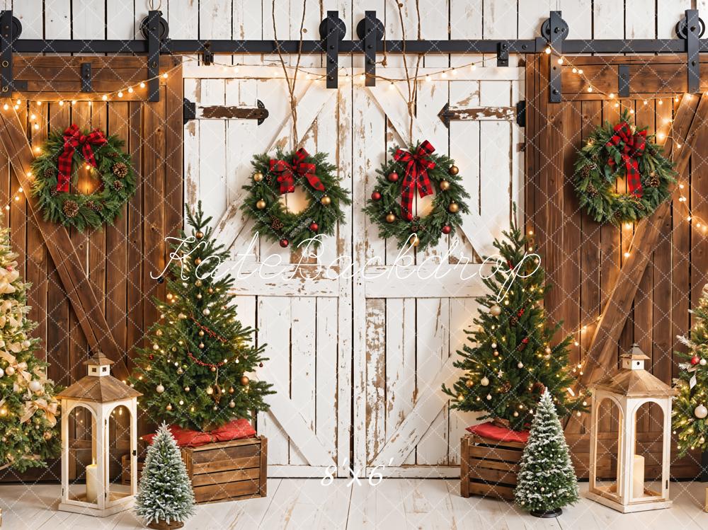 Kate Christmas Tree White Wooden Barn Door Brown Wall Backdrop Designed by Emetselch