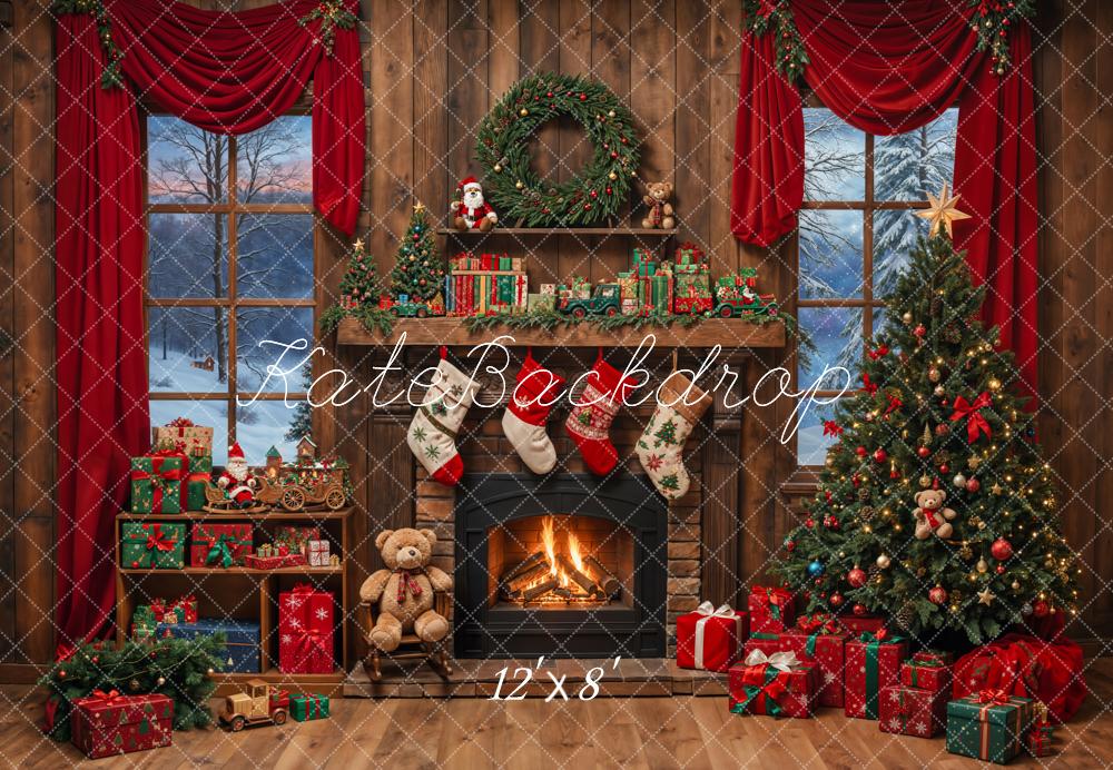 Kate Christmas Tree Fireplace Wooden Backdrop Designed by Emetselch