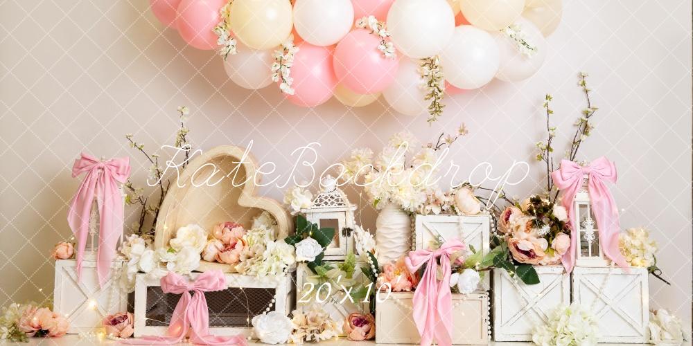 Kate Floral Balloon Heart Pink Bows Backdrop Designed by Megan Leigh Photography