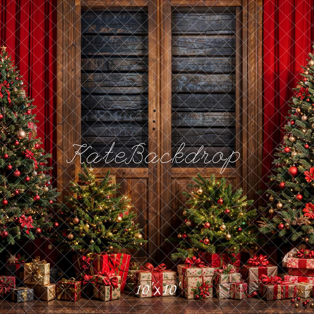 Kate Christmas Tree Red Curtain Gray Wooden Wall Backdrop Designed by Emetselch