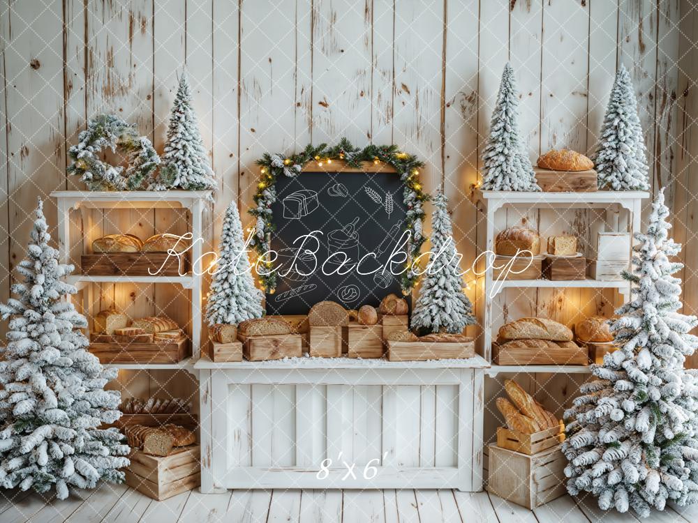 Kate Christmas Tree White Wooden Shelf Bread Chalkboard Backdrop Designed by Emetselch