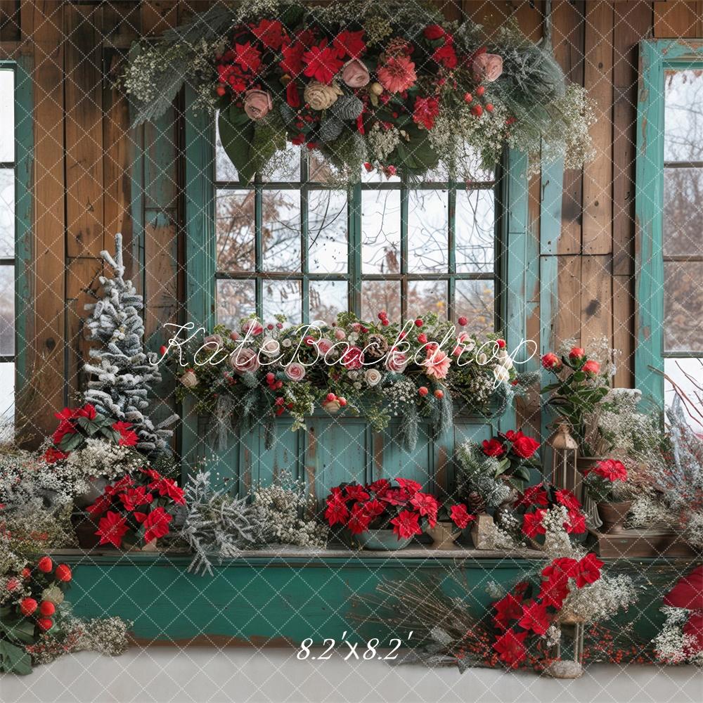 Kate Christmas Floral Blue Window Backdrop Designed by Laura Bybee