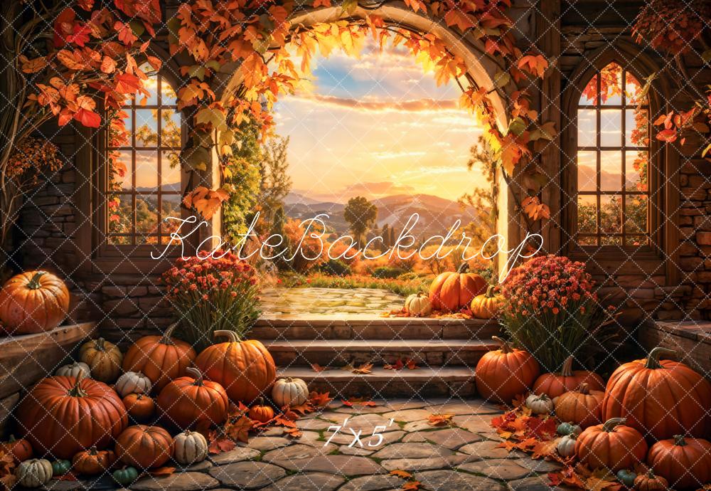 Arco de fondo de calabaza de otoño en el bosque al atardecer diseñado por Emetselch