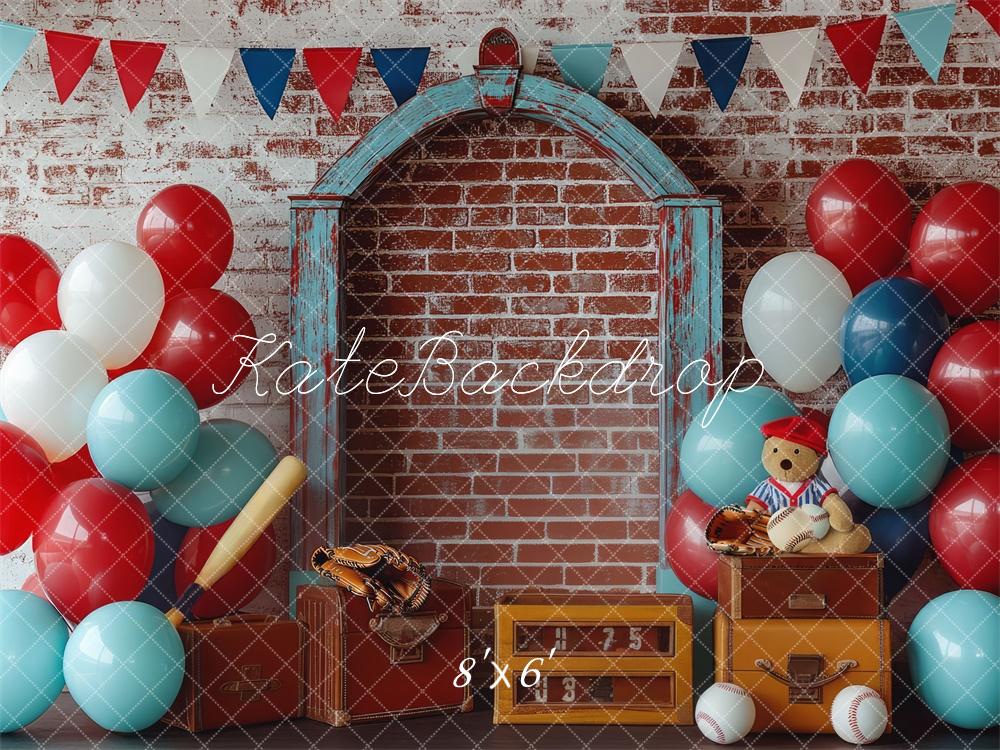 Cake Smash Baseball Ballonnen Bakstenen Foto Achtergrond Designed by Mini MakeBelieve