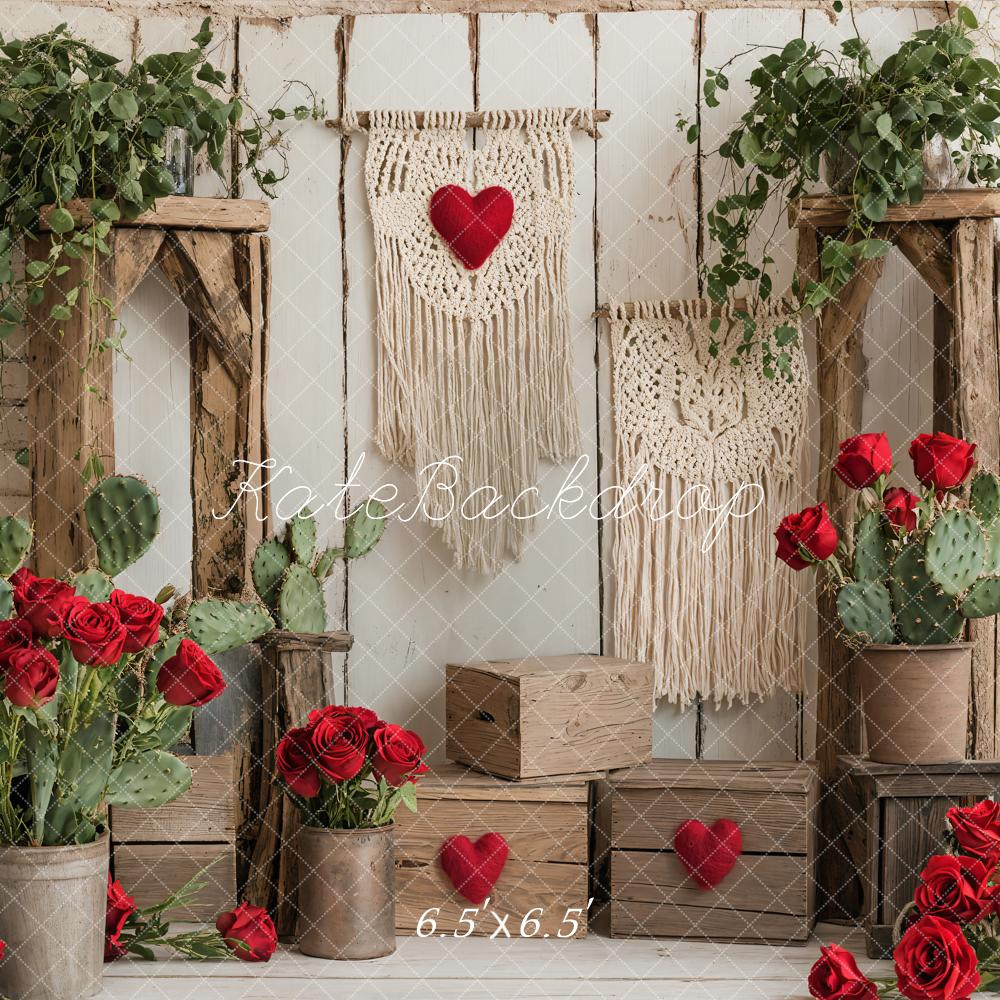 Kate Boho Roses Cactus Macrame White Brick Wall Backdrop Designed by Emetselch