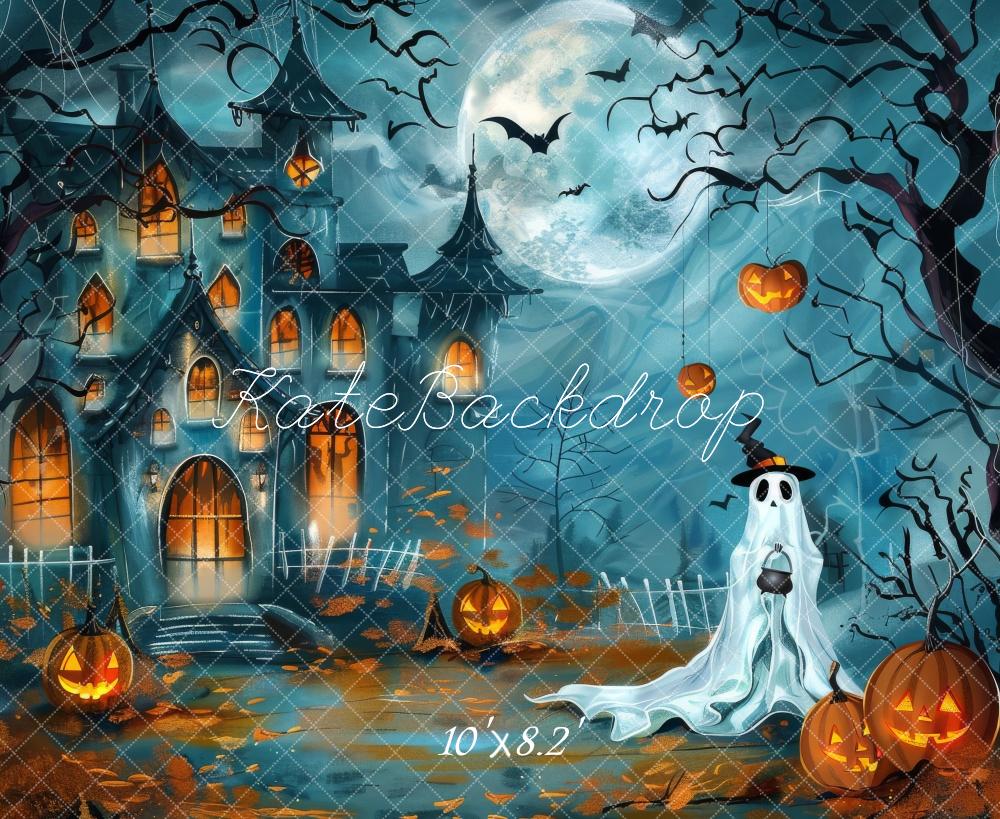 Halloween Cartoon Ghost Pumpkin Kasteel Foto Achtergrond Designed by Lidia Redekopp