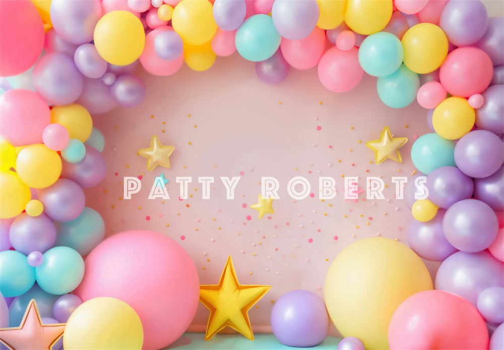 Kate Birthday Cake Smash Colorful Balloon Arch Pink Wall Backdrop Designed by Patty Robert