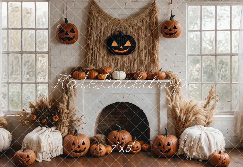 Halloween Pompoen Witte Open Haard Boho Foto Achtergrond Designed by Emetselch