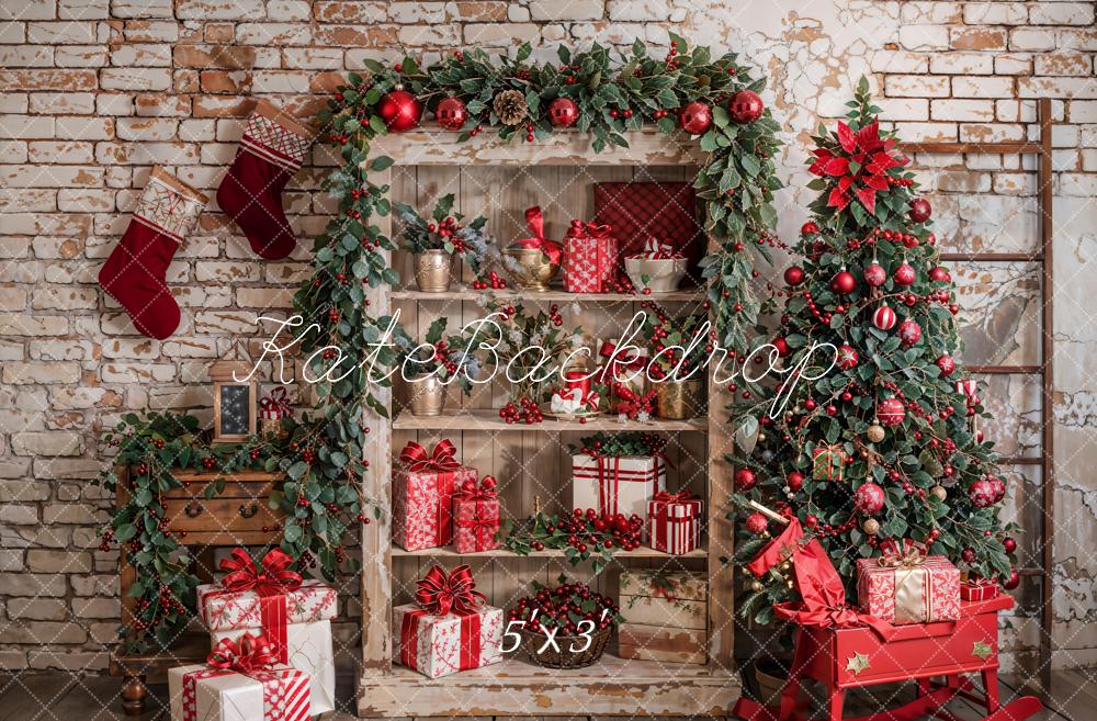 Kate Christmas Tree Retro Cabinets White Brick Wall Backdrop Designed by Emetselch