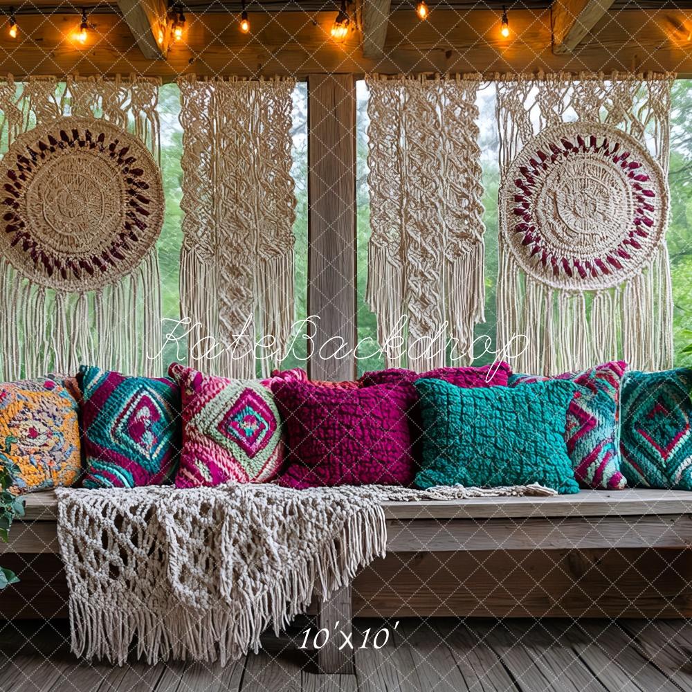 Boho Macrame Patio Bench Pillows Foto Achtergrond Designed by Mini MakeBelieve