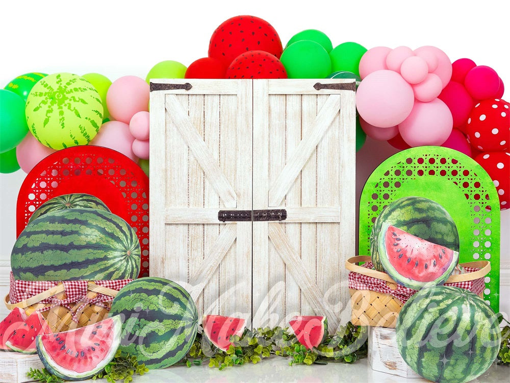 Kate Birthday Watermelon Colorful Balloon White Barn Door Backdrop Designed by Mini MakeBelieve