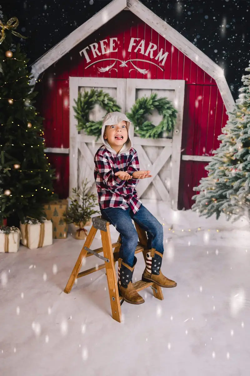 Kate Winter Christmas Tree Farm Red Barn Backdrop Designed by Chain Photography