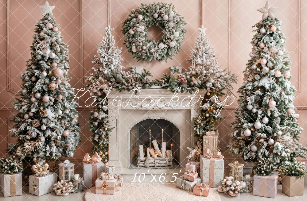 Kate Christmas Retro White Fireplace Pink Wall Backdrop Designed by Emetselch