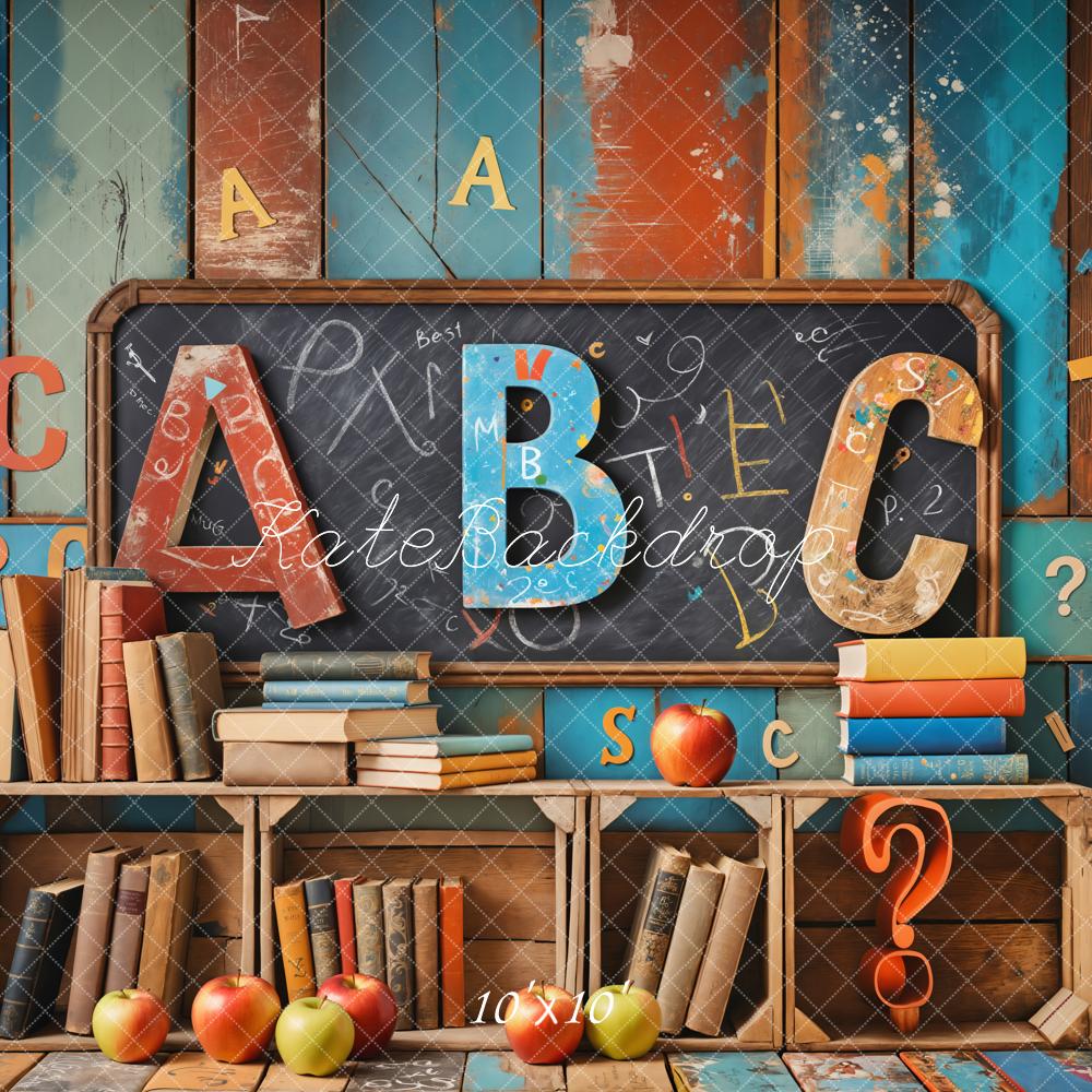 Back to School Book Blackboard Colorful Wooden Wall Backdrop Designed by Emetselch