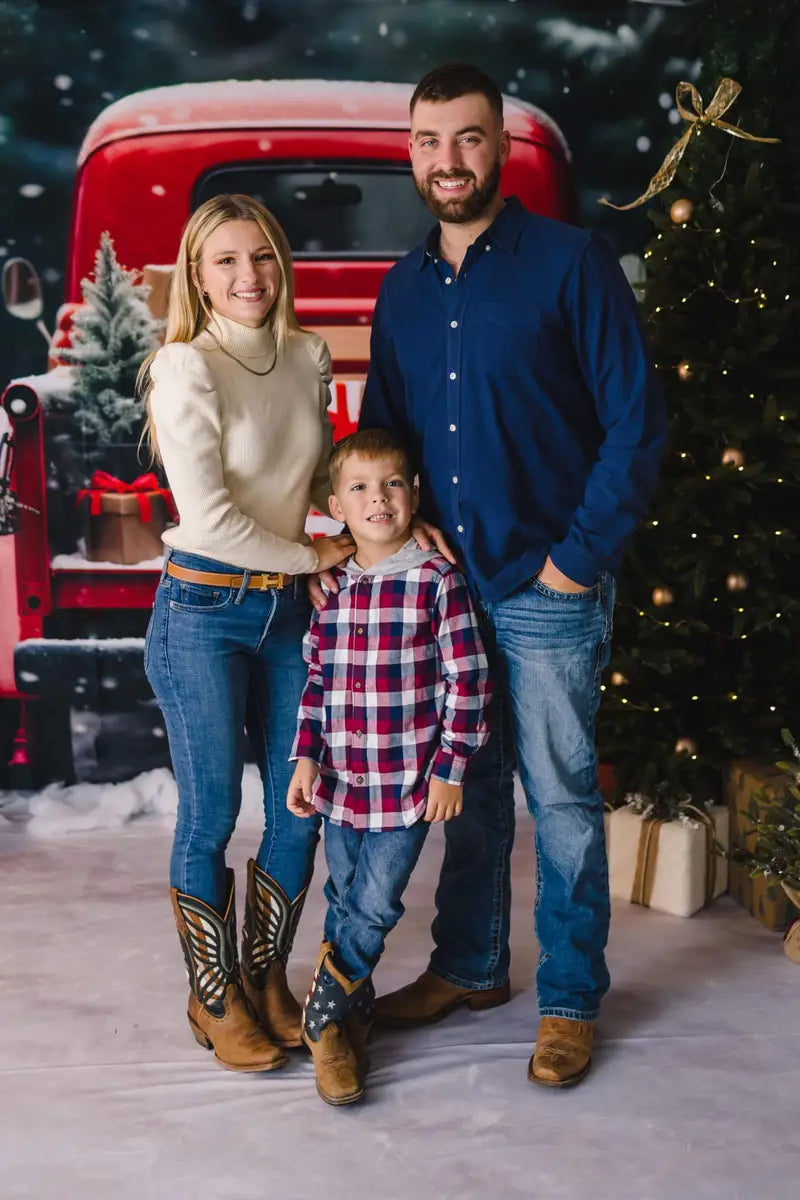 Kate Winter Christmas Tree Farm Red Barn Backdrop Designed by Chain Photography