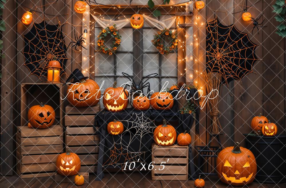 Halloween Houten Muur Pompoen Spinnenweb Foto Achtergrond Designed by Emetselch