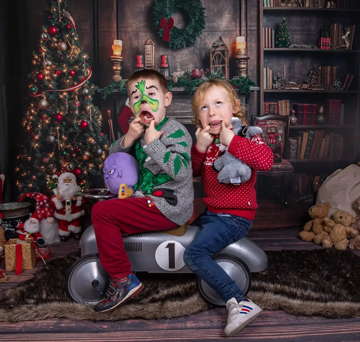 Retro Albero di Natale Camino Babbo Natale Casa Calda Libro Sfondo per Fotografia