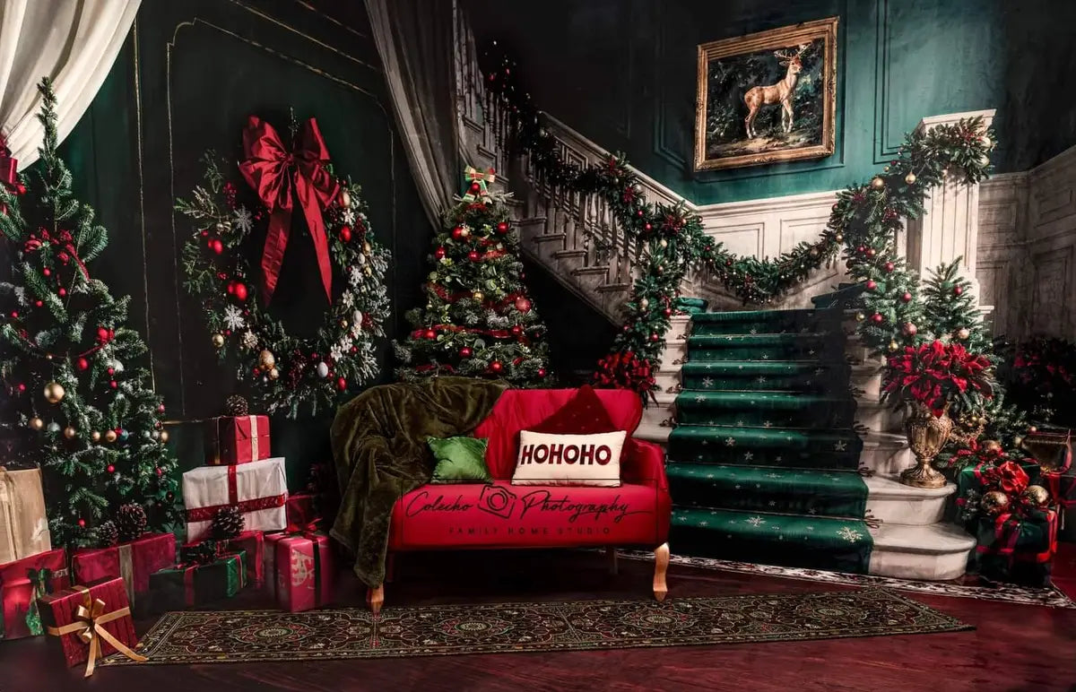 Kate Christmas Retro White Green Marble Staircase Backdrop Designed by Chain Photography