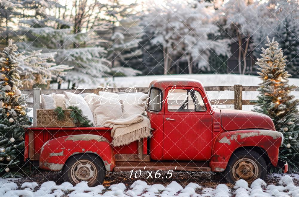 Sfondo Invernale di Natale con Camion Rosso Disegnato da Mini MakeBelieve