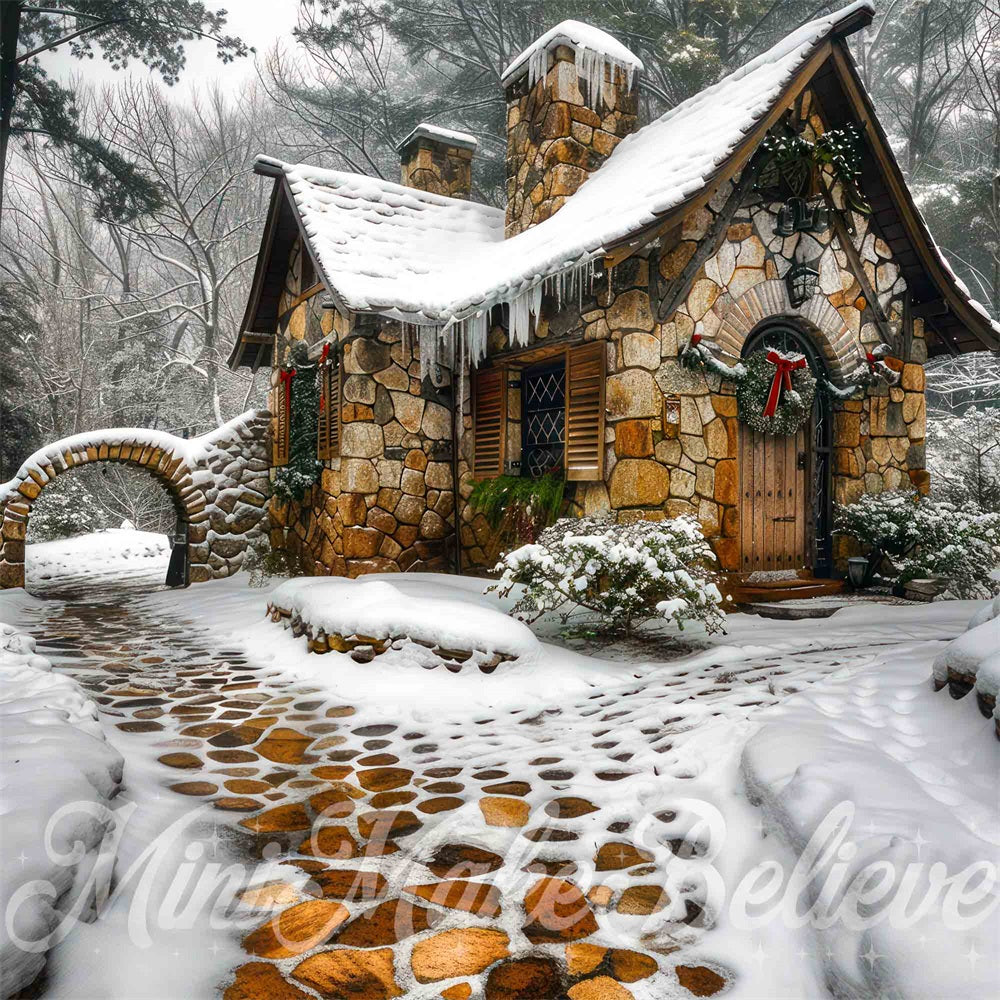 Buiten Winter Bos Bruine Stenen Cottage Foto Achtergrond
