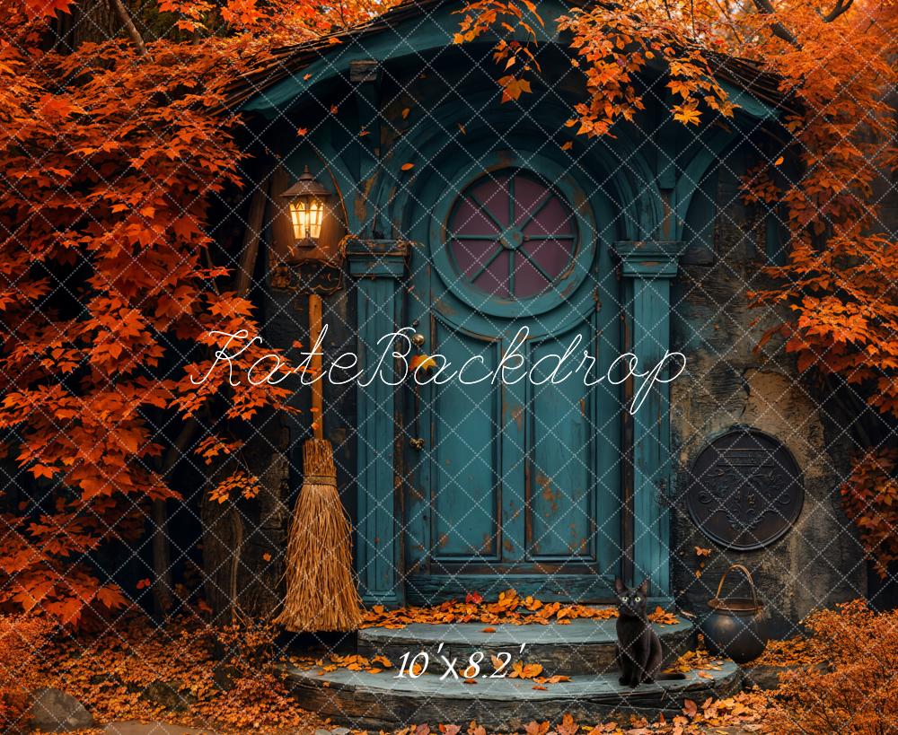 Kate Fall Red Maple Leaf Blue Arch Door Backdrop Designed by Emetselch