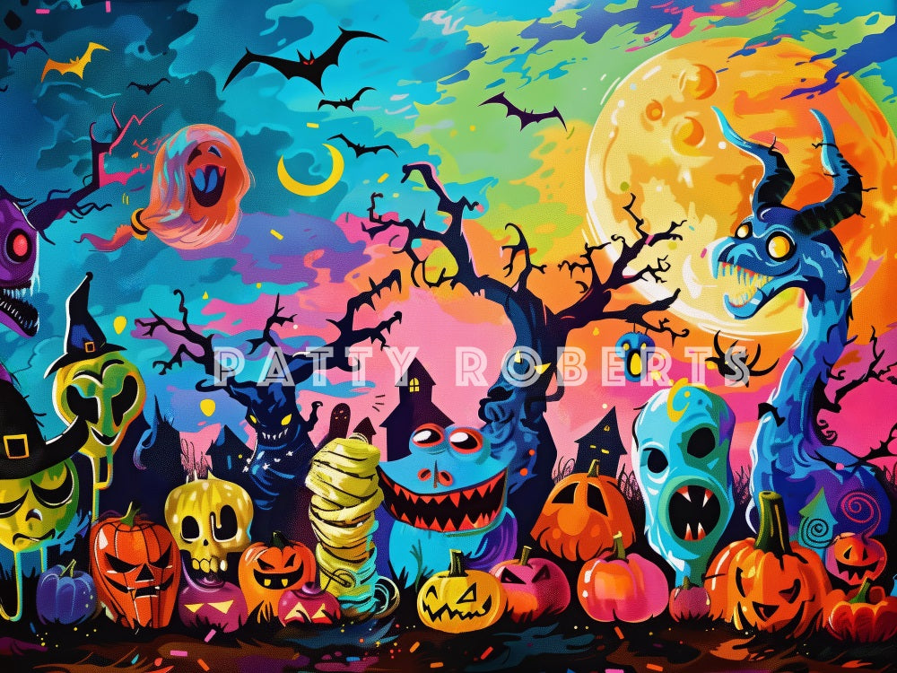 Kate Halloween Cartoon Colorful Monsters Backdrop Designed by Patty Robert