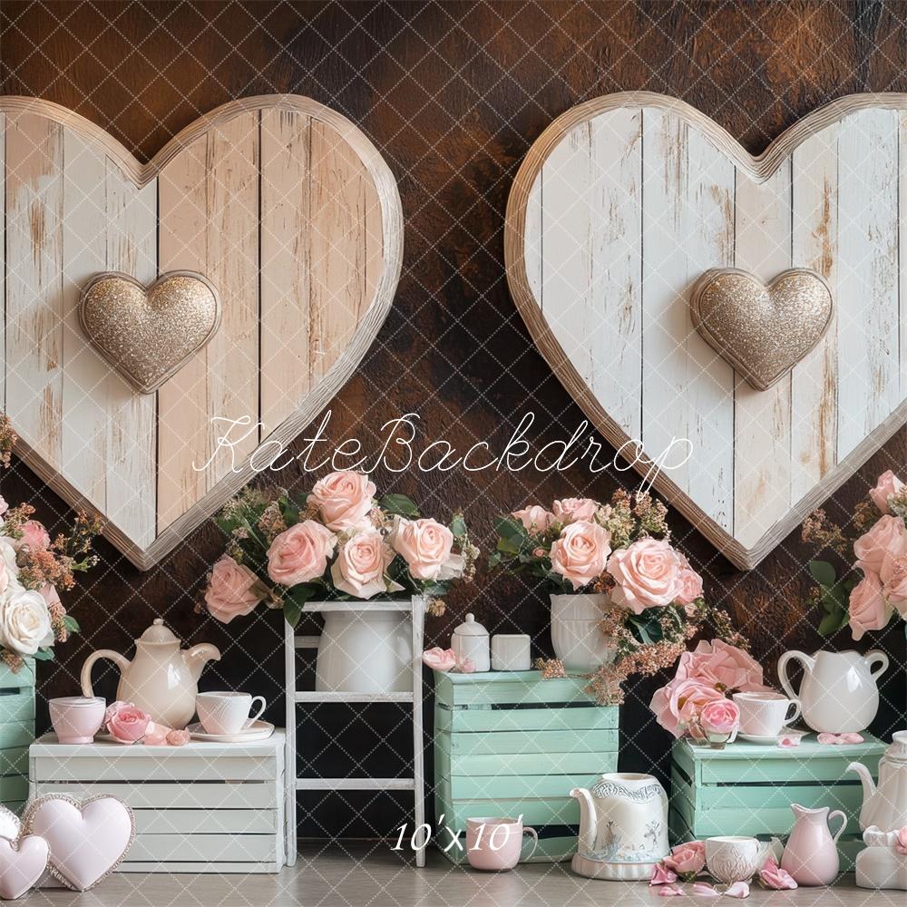 Kate Valentine Wood Heart Roses Backdrop Designed by Mini MakeBelieve