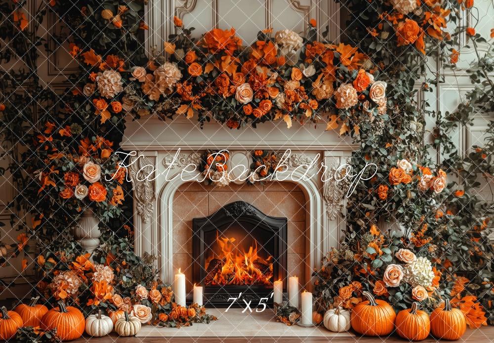 Kate Fall Fireplace Pumpkin Floral Backdrop Designed by Patty Roberts