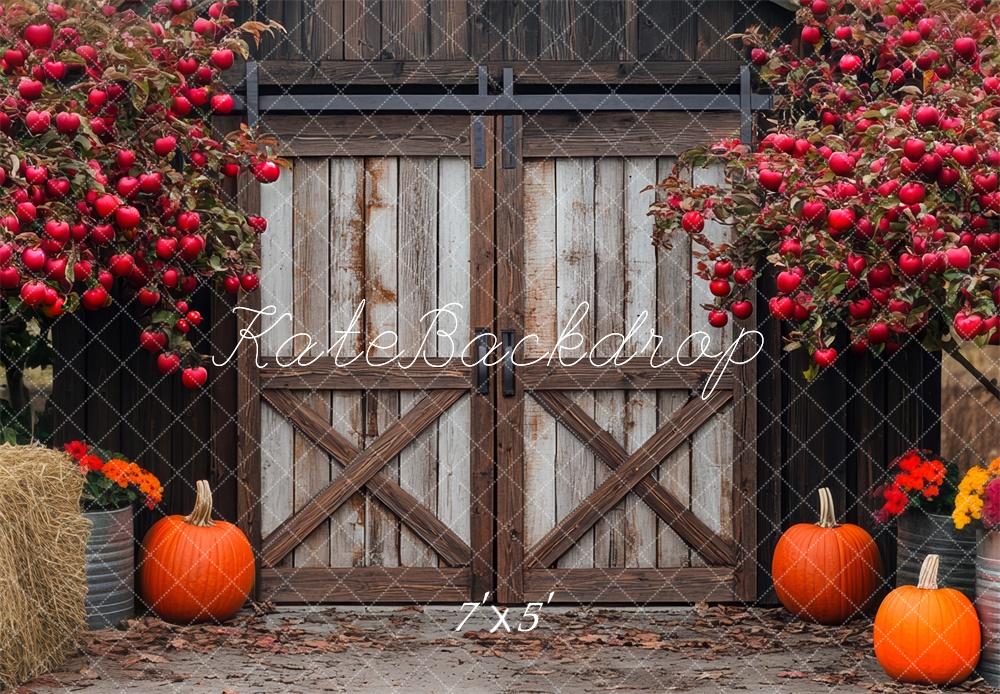 Fall Pumpkin Apple Barn With Wooden Door Foto Achtergrond Designed by Mini MakeBelieve