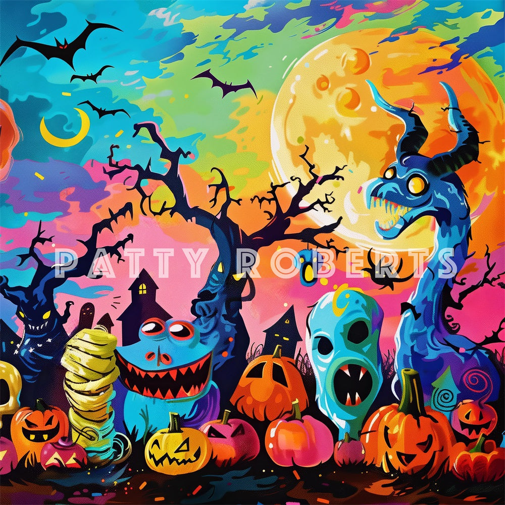 Kate Halloween Cartoon Colorful Monsters Backdrop Designed by Patty Robert