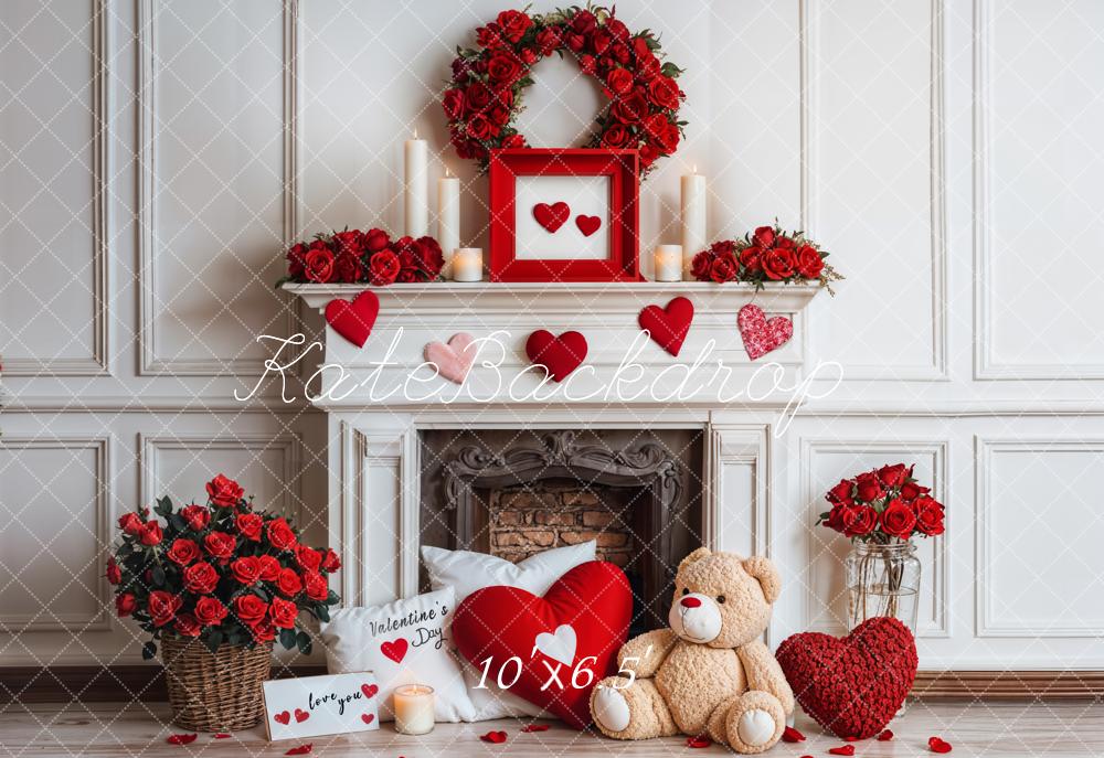 Kate Valentine Fireplace Teddy Bear Roses Backdrop Designed by Emetselch