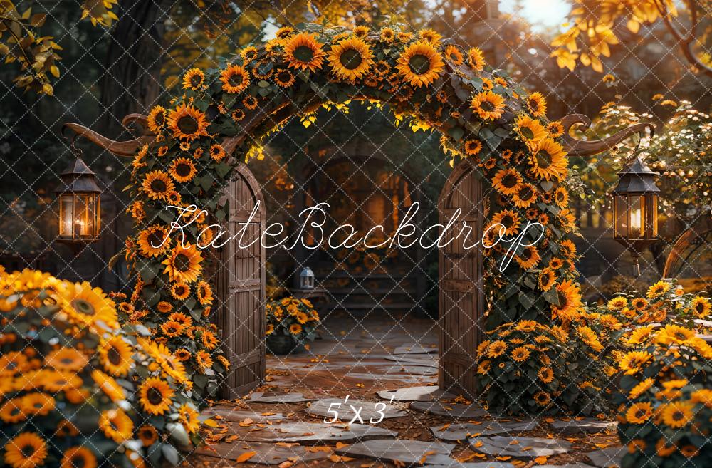 Puerta arqueada marrón con fondo de girasoles amarillos en otoño diseñado por Emetselch