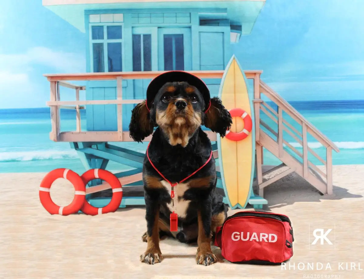 Kate Pet Summer Beach Blue House Lifeguard Backdrop Designed by Mini MakeBelieve