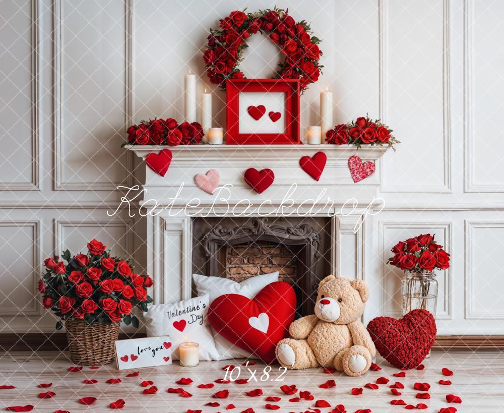 Kate Valentine Fireplace Teddy Bear Roses Backdrop Designed by Emetselch