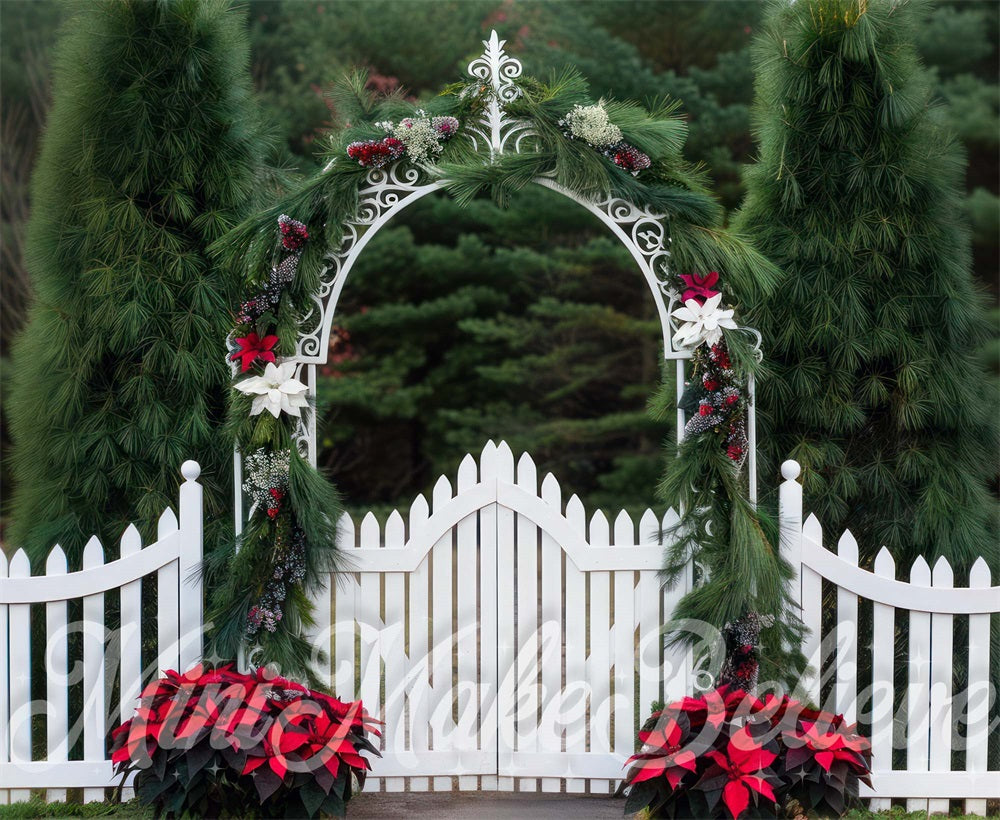 Kate Winter Christmas Outdoor Forest White Retro Arched Gate Backdrop Designed by Mini MakeBelieve