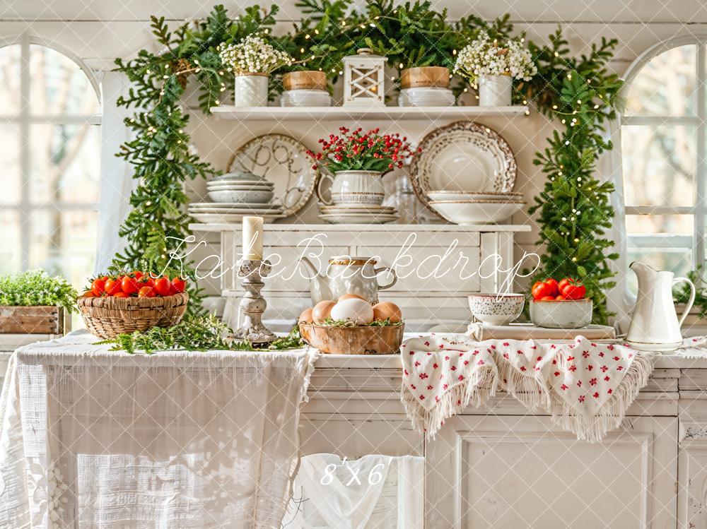 Fondo de cocina blanca navideña con plantas y utensilios de cocina diseñado por Emetselch