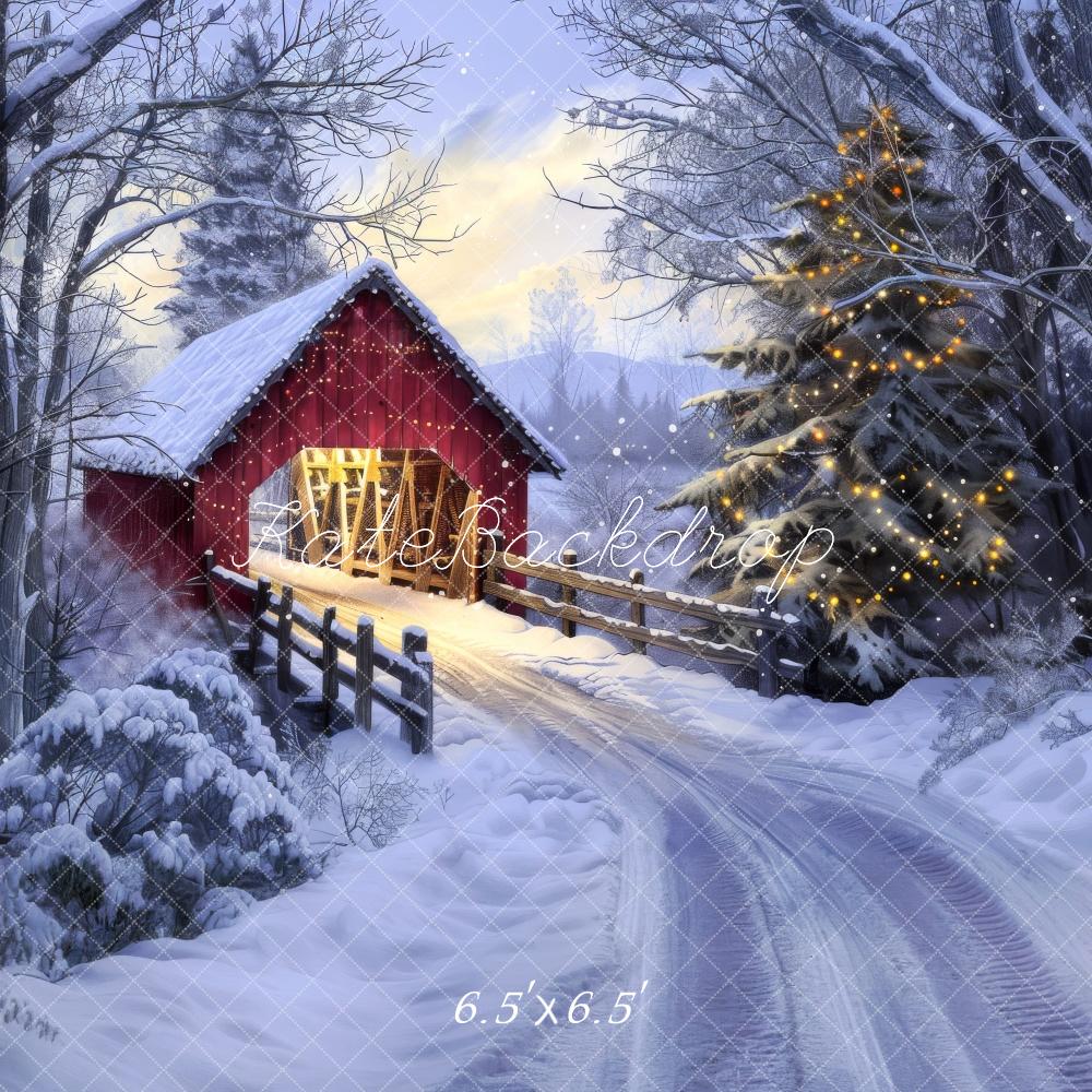 Kate Christmas Red Barn Bridge Backdrop Designed by Lidia Redekopp