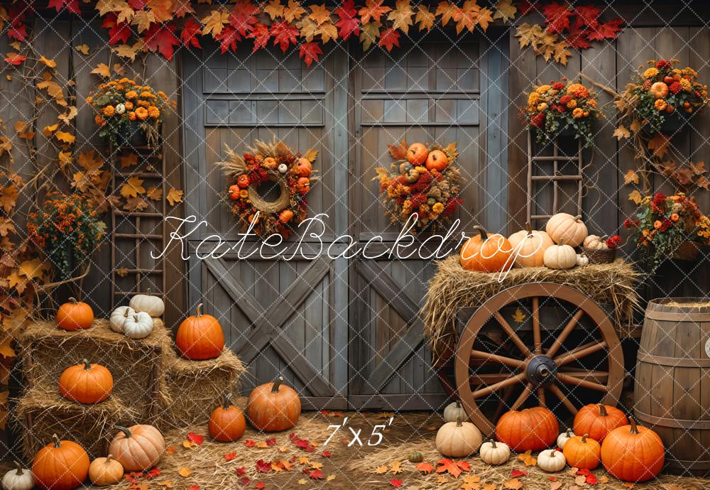 Kate Fall Barn Wood Door Maple Pumpkin Backdrop Designed by Emetselch