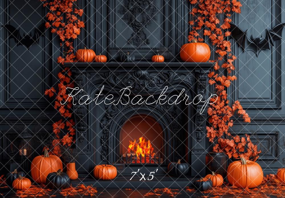 Kate Halloween Fall Black Fireplace Pumpkins Backdrop Designed by Patty Roberts