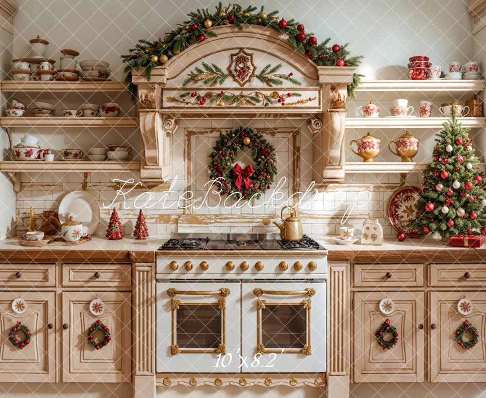 Kate Christmas Kitchen Apricot Cabinet Dishes Backdrop Designed by Emetselch